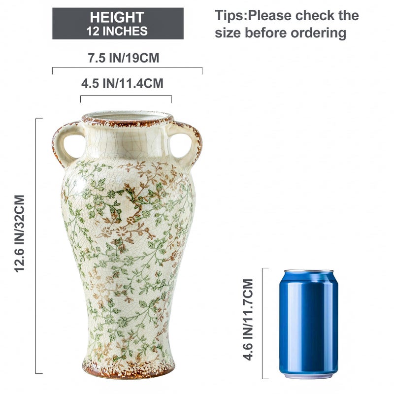 Enra Vintage vase,7.8 Inch Green and Beige Ceramic Decorative Flower vase, Chinoiserie Floral Vase,Large Rustic Vases for Home Decors, Living Room, Bookshelf, Office - Image 2