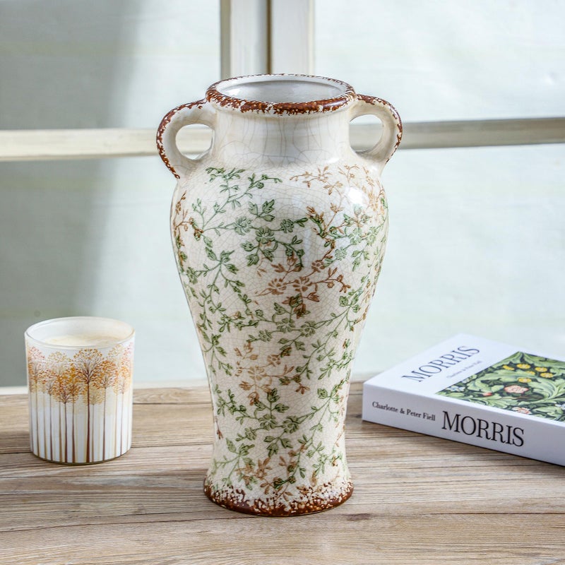 Enra Vintage vase,7.8 Inch Green and Beige Ceramic Decorative Flower vase, Chinoiserie Floral Vase,Large Rustic Vases for Home Decors, Living Room, Bookshelf, Office - Image 4
