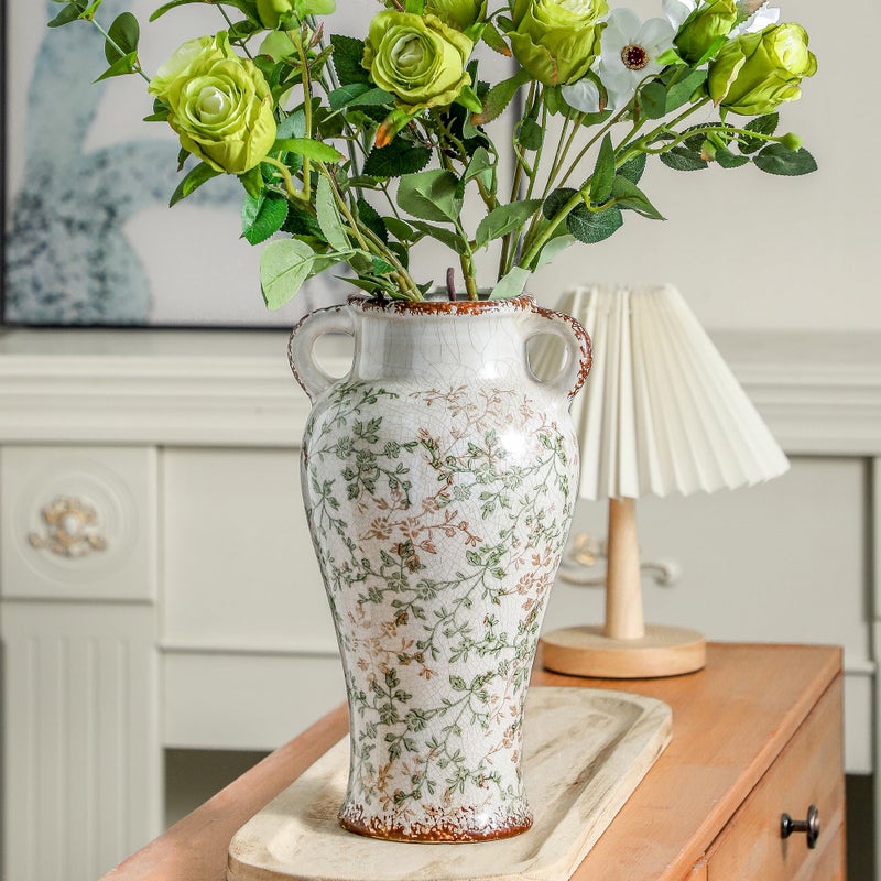 Enra Vintage vase,7.8 Inch Green and Beige Ceramic Decorative Flower vase, Chinoiserie Floral Vase,Large Rustic Vases for Home Decors, Living Room, Bookshelf, Office - Image 5