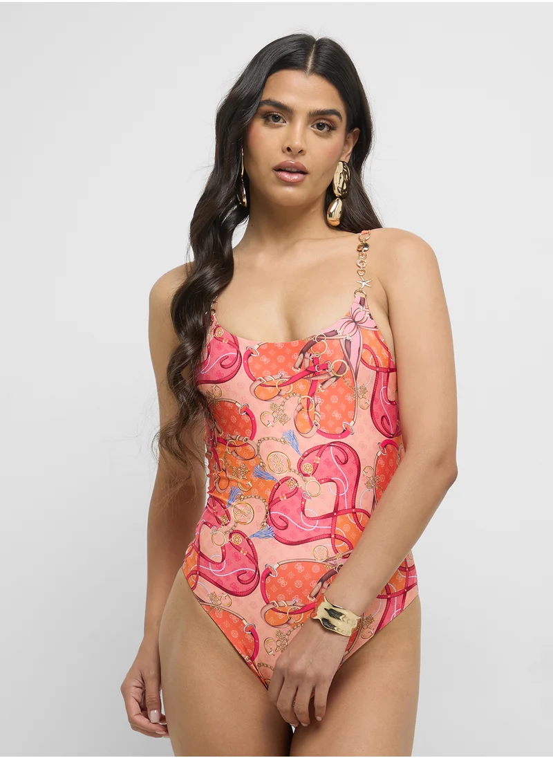 GUESS Printed Scoop Neck One Piece Swimsuit