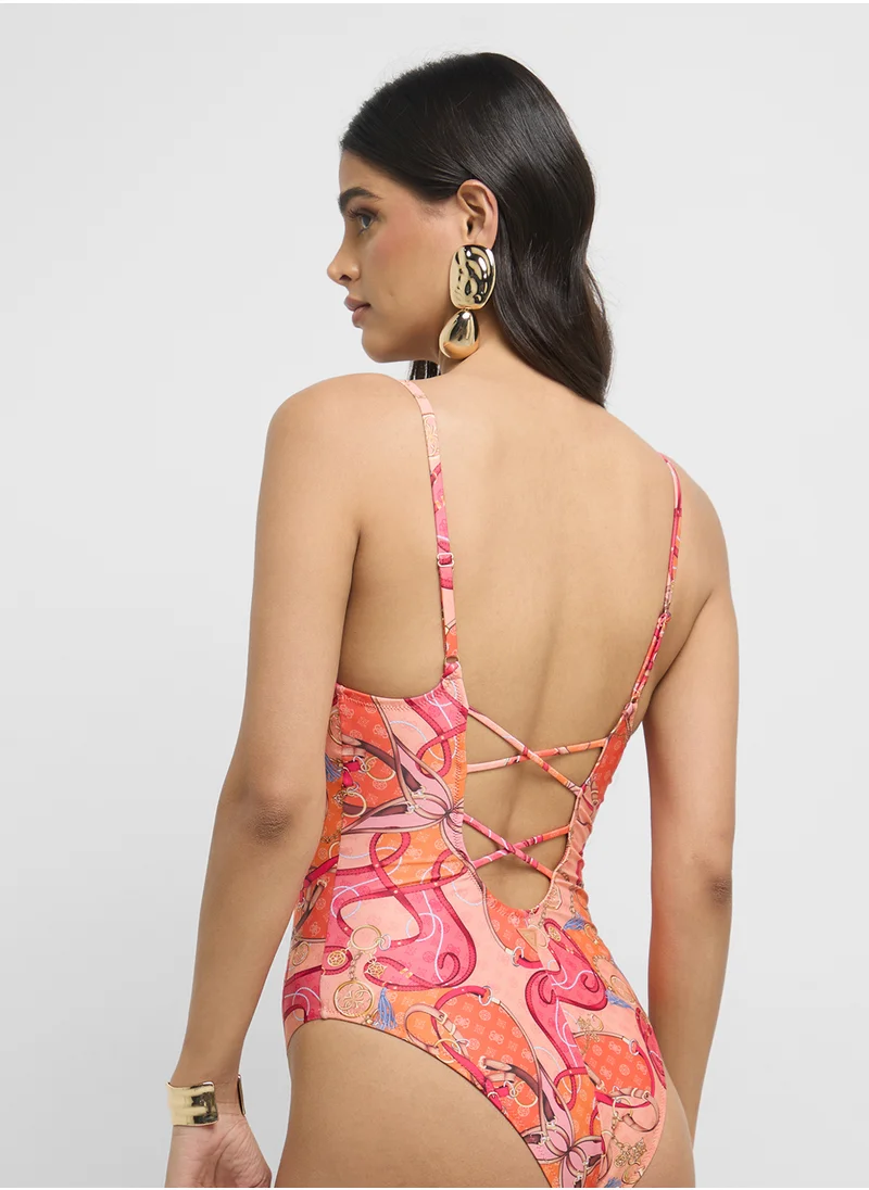 GUESS Printed Scoop Neck One Piece Swimsuit