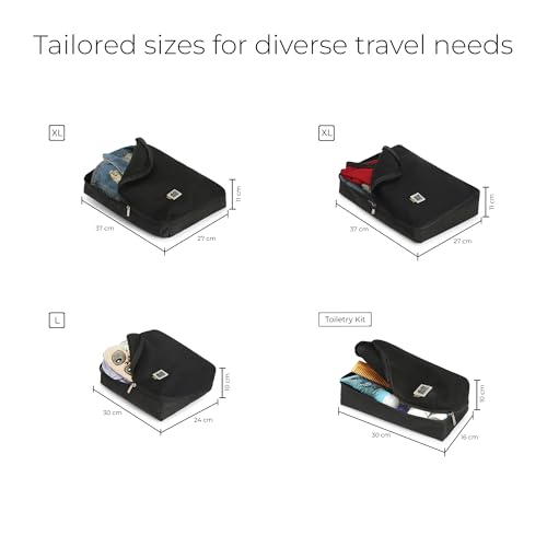 EUME Set of 4 Storage Pods - Packing Cubes for Travel | Cloth Organizer for Storage | Spacious Toiletry Pouch for Women & Men | Luggage Organiser Bags for Travel | Durable Polyester Bag | Black - Image 5