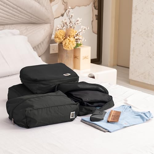 EUME Set of 4 Storage Pods - Packing Cubes for Travel | Cloth Organizer for Storage | Spacious Toiletry Pouch for Women & Men | Luggage Organiser Bags for Travel | Durable Polyester Bag | Black - Image 2