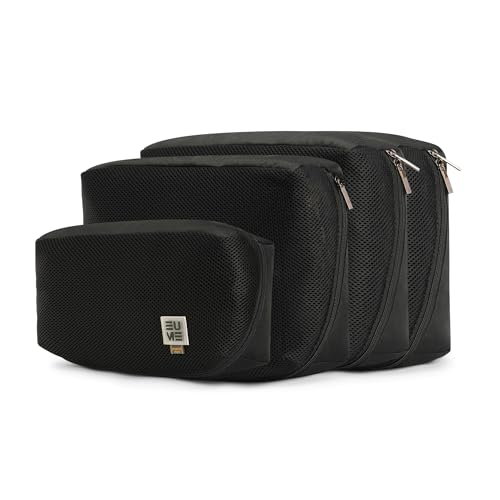 EUME Set of 4 Storage Pods - Packing Cubes for Travel | Cloth Organizer for Storage | Spacious Toiletry Pouch for Women & Men | Luggage Organiser Bags for Travel | Durable Polyester Bag | Black - Image 1