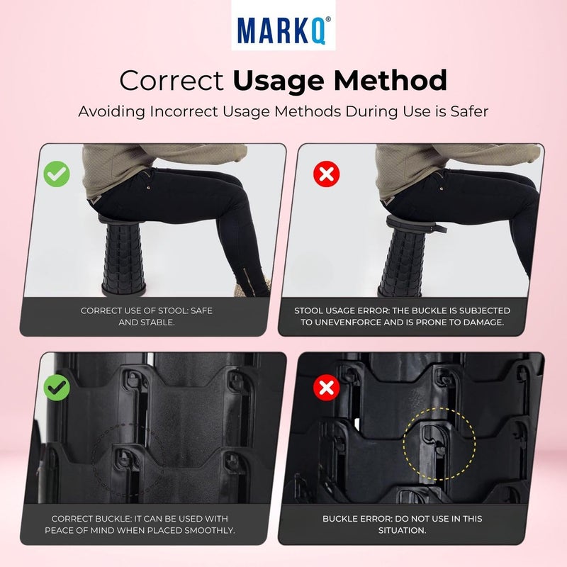 MARKQ Portable Folding Stool for Camping Outdoor, Telescopic Chair for Hiking, Fishing, Travel, Adjustable Height, Lightweight, Non-Slip Base - Black - Image 5