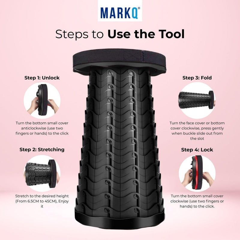 MARKQ Portable Folding Stool for Camping Outdoor, Telescopic Chair for Hiking, Fishing, Travel, Adjustable Height, Lightweight, Non-Slip Base - Black - Image 3