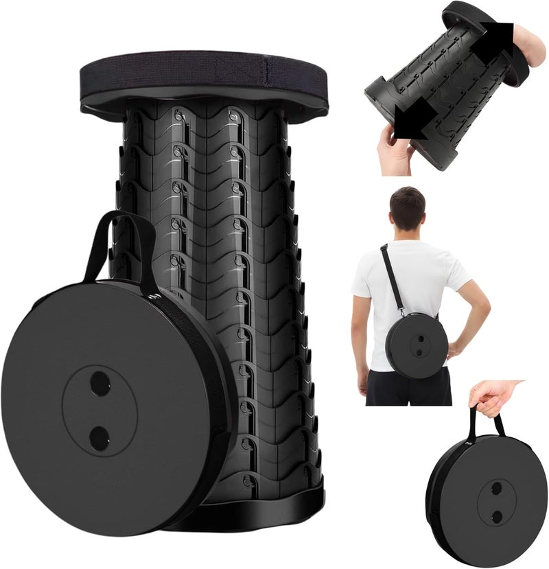 MARKQ Portable Folding Stool for Camping Outdoor, Telescopic Chair for Hiking, Fishing, Travel, Adjustable Height, Lightweight, Non-Slip Base - Black - Image 1
