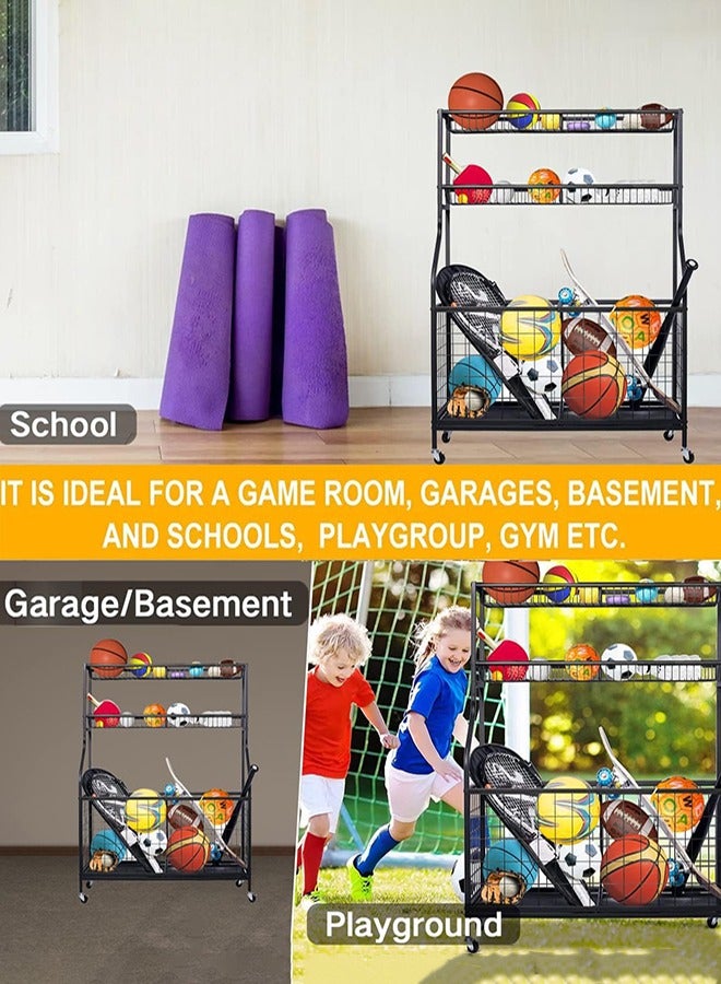 Sports Equipment Storage Organizer, Sports Ball Storage, Garage Balls Organizer, Ball Holder Garage with Baskets and Hooks, Rolling Sports Ball Cart, Garage Storage System for basketballs baseballs