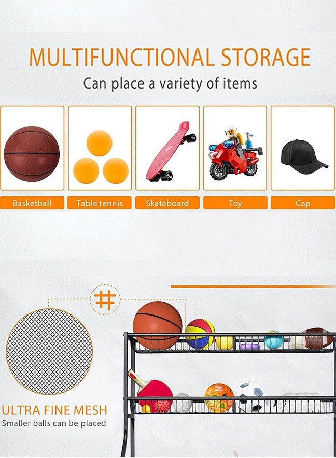 Sports Equipment Storage Organizer, Sports Ball Storage, Garage Balls Organizer, Ball Holder Garage with Baskets and Hooks, Rolling Sports Ball Cart, Garage Storage System for basketballs baseballs