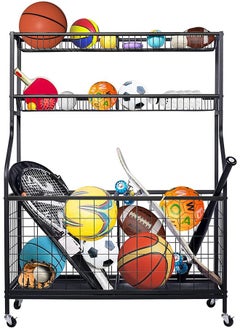 Garlo Sports Equipment Storage Organizer, Sports Ball Storage, Garage Balls Organizer, Ball Holder Garage with Baskets and Hooks, Rolling Sports Ball Cart, Garage Storage System for basketballs baseballs  - Image 1