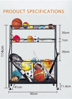 Garlo Sports Equipment Storage Organizer, Sports Ball Storage, Garage Balls Organizer, Ball Holder Garage with Baskets and Hooks, Rolling Sports Ball Cart, Garage Storage System for basketballs baseballs  - Image 2