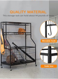 Garlo Sports Equipment Storage Organizer, Sports Ball Storage, Garage Balls Organizer, Ball Holder Garage with Baskets and Hooks, Rolling Sports Ball Cart, Garage Storage System for basketballs baseballs  - Image 4