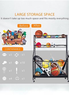 Garlo Sports Equipment Storage Organizer, Sports Ball Storage, Garage Balls Organizer, Ball Holder Garage with Baskets and Hooks, Rolling Sports Ball Cart, Garage Storage System for basketballs baseballs  - Image 3