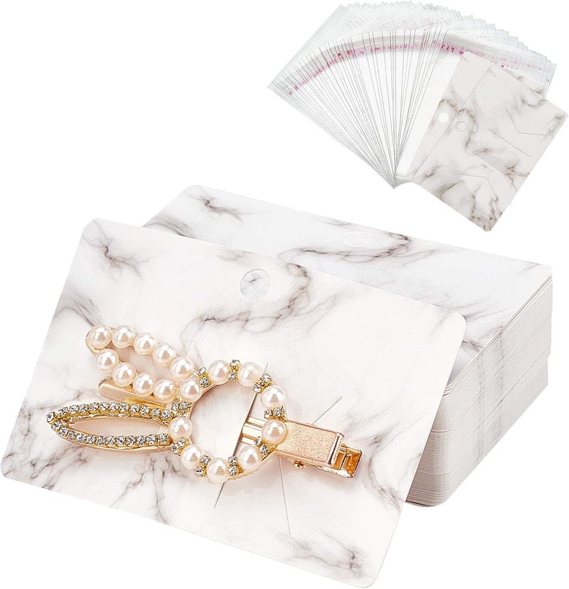 PH PandaHall 100pcs Hair Bow Holder Marble Pattern Hair Clip Display Cards 39x25 Rectangular Cardboard Hair Clip Hanger with 100pcs OPP Bags for Jewelry Hair Accessory Selling Small Business