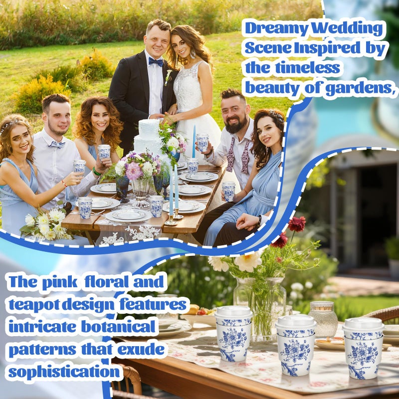Vesici 60pcs 14oz Blue and White Disposable Coffee Cups with Lids and Sleeves Chinoiserie Floral Coffee Cups Botanical Herb Paper Cup for Spring Birthday Wedding Bridal Shower Tea Party Supplies - Image 5
