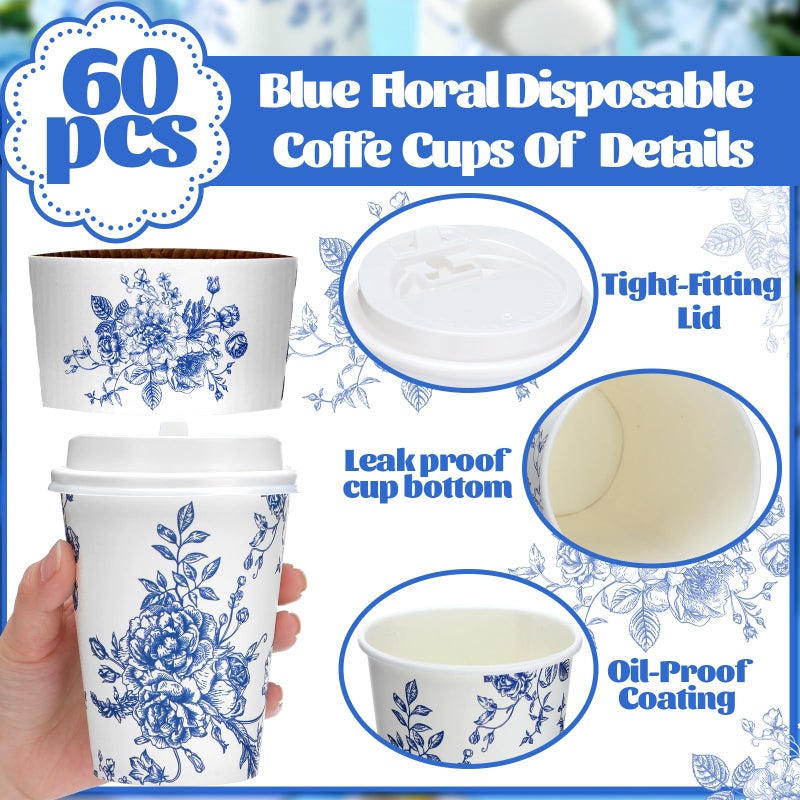 Vesici 60pcs 14oz Blue and White Disposable Coffee Cups with Lids and Sleeves Chinoiserie Floral Coffee Cups Botanical Herb Paper Cup for Spring Birthday Wedding Bridal Shower Tea Party Supplies - Image 3