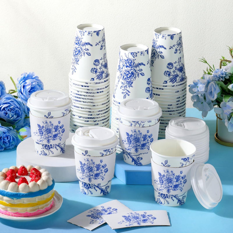 Vesici 60pcs 14oz Blue and White Disposable Coffee Cups with Lids and Sleeves Chinoiserie Floral Coffee Cups Botanical Herb Paper Cup for Spring Birthday Wedding Bridal Shower Tea Party Supplies - Image 4