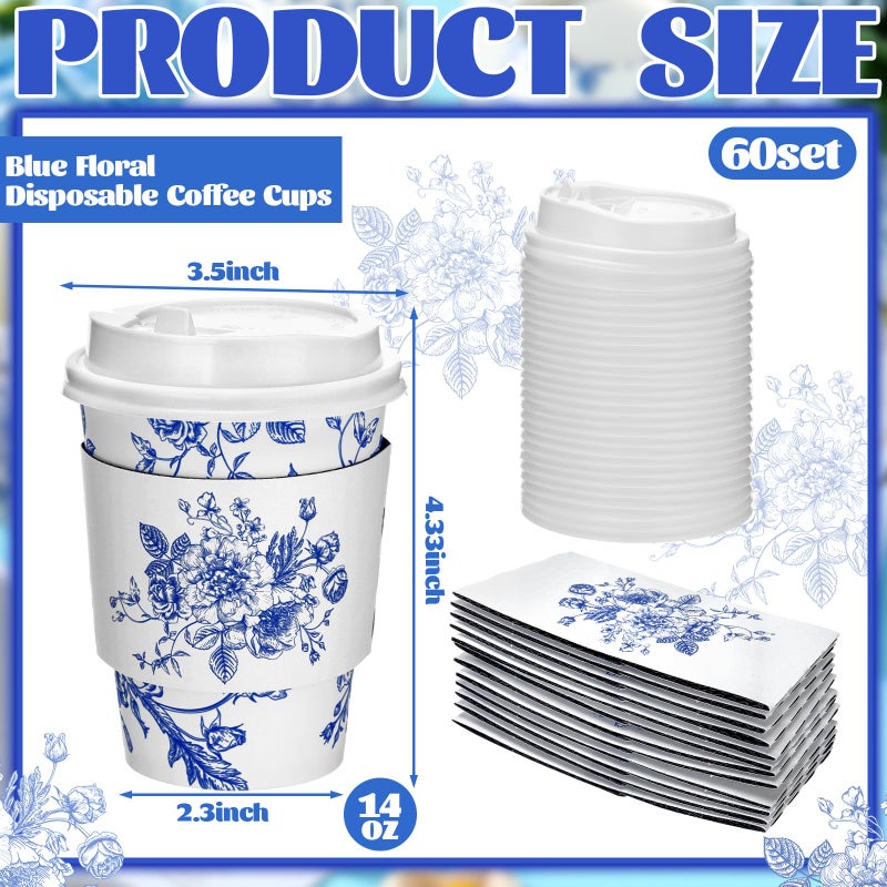 Vesici 60pcs 14oz Blue and White Disposable Coffee Cups with Lids and Sleeves Chinoiserie Floral Coffee Cups Botanical Herb Paper Cup for Spring Birthday Wedding Bridal Shower Tea Party Supplies - Image 2