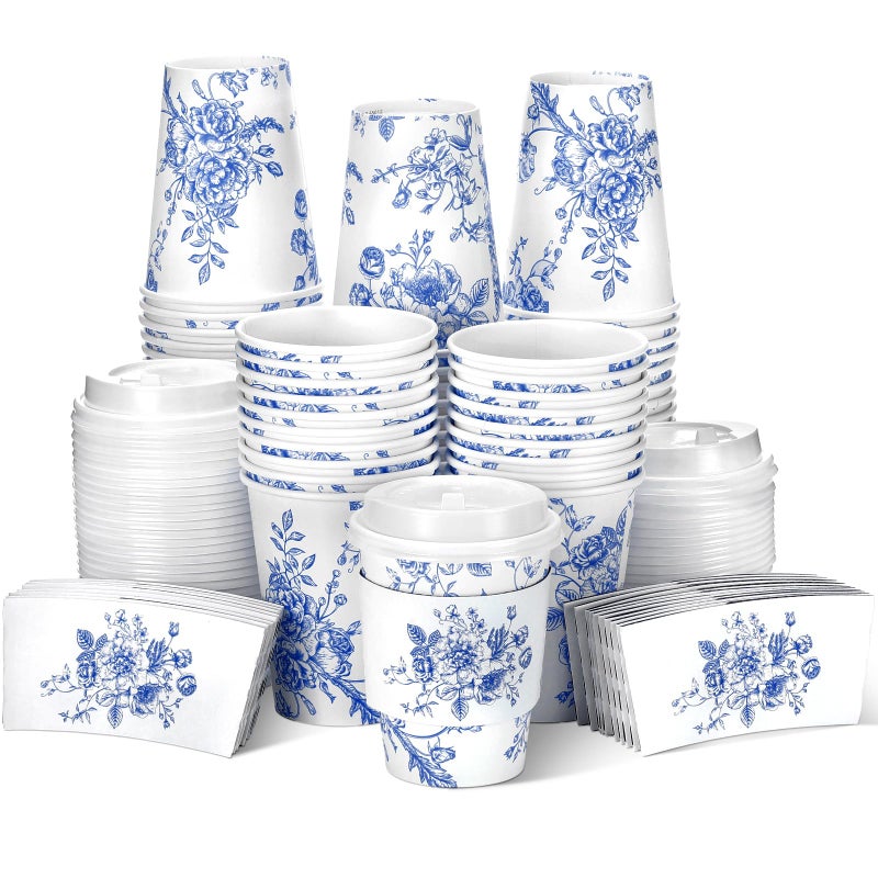 Vesici 60pcs 14oz Blue and White Disposable Coffee Cups with Lids and Sleeves Chinoiserie Floral Coffee Cups Botanical Herb Paper Cup for Spring Birthday Wedding Bridal Shower Tea Party Supplies - Image 1