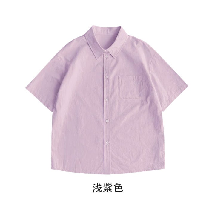 Pure Cotton Single Bag Short Sleeve Men'S And Women'S Solid Color Shirt Top Light Plate Literary Style Loose Cardigan Jacket - Image 1