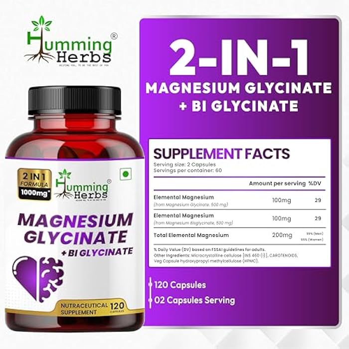 Humming Herbs Magnesium Glycinate & Bisglycinate – 200 mg Elemental per Serving, 120 Veg Capsules | Chelated, Non-GMO, Vegetarian - Image 2