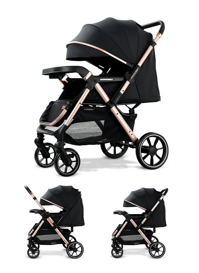 Riolio Two-Way Baby Stroller | Excellent Shock Absorber | Front and Parent Facing | Large Canopy and Seat | 5-Point Harness | Cup Holder | Large Basket | Quick Folding | 0-36 Months |Black  - Image 1