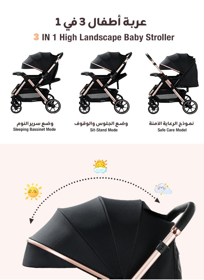 Riolio Two-Way Baby Stroller | Excellent Shock Absorber | Front and Parent Facing | Large Canopy and Seat | 5-Point Harness | Cup Holder | Large Basket | Quick Folding | 0-36 Months |Black  - Image 5