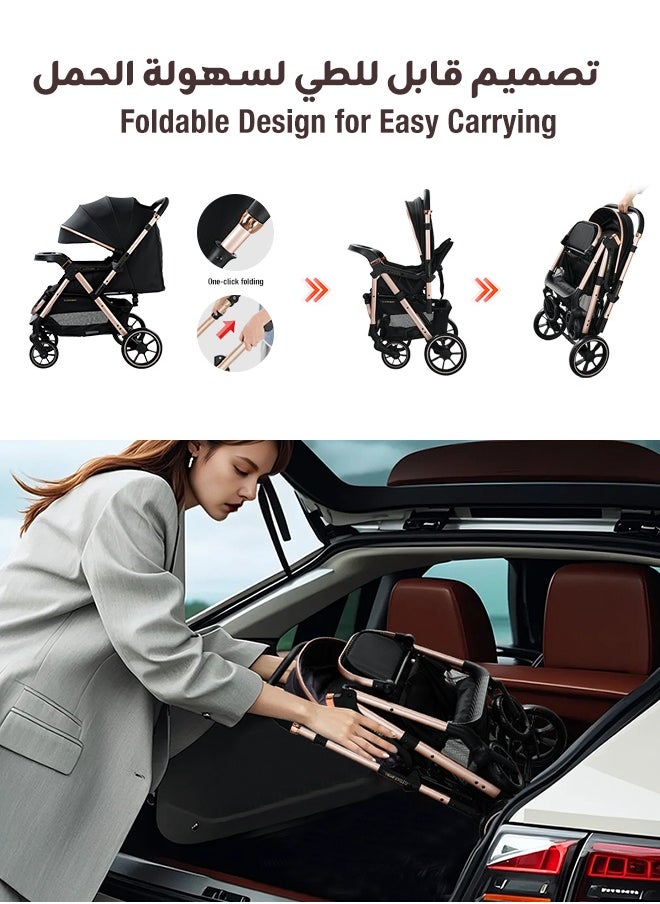 Riolio Two-Way Baby Stroller | Excellent Shock Absorber | Front and Parent Facing | Large Canopy and Seat | 5-Point Harness | Cup Holder | Large Basket | Quick Folding | 0-36 Months |Black  - Image 3