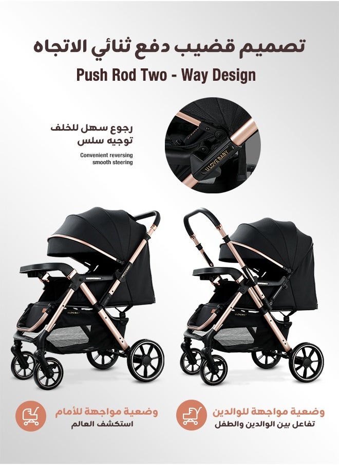 Riolio Two-Way Baby Stroller | Excellent Shock Absorber | Front and Parent Facing | Large Canopy and Seat | 5-Point Harness | Cup Holder | Large Basket | Quick Folding | 0-36 Months |Black  - Image 2