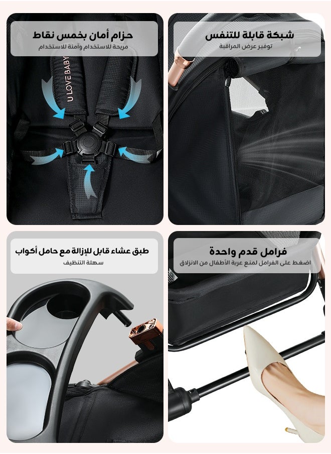 Riolio Two-Way Baby Stroller | Excellent Shock Absorber | Front and Parent Facing | Large Canopy and Seat | 5-Point Harness | Cup Holder | Large Basket | Quick Folding | 0-36 Months |Black  - Image 4