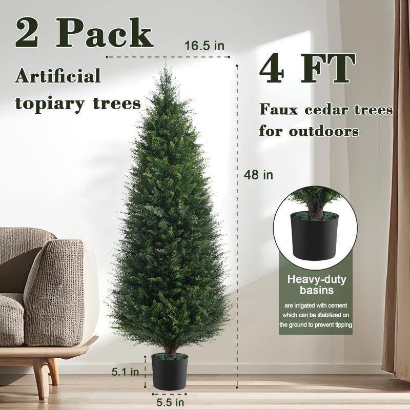 Chillchard Two 4ft Artificial Plants Topairy Faux Cedar Trees for Outdoor Planters, 48IN Tall Fake Pine Bushes UV Resistant Large Potted Shrubs for Front Porch DÃ©cor - Image 2