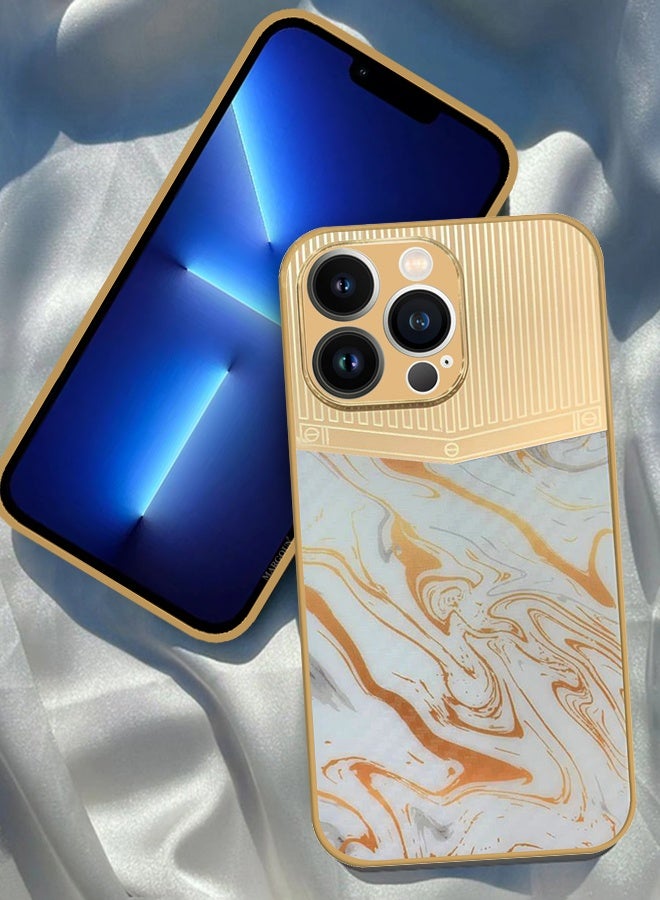CATANES Luxury Gold Plated Case for iPhone 13 Pro - Hybrid Electroplated Frame Back Cover with Carbon Fiber Texture - Marble Pattern White - Image 3