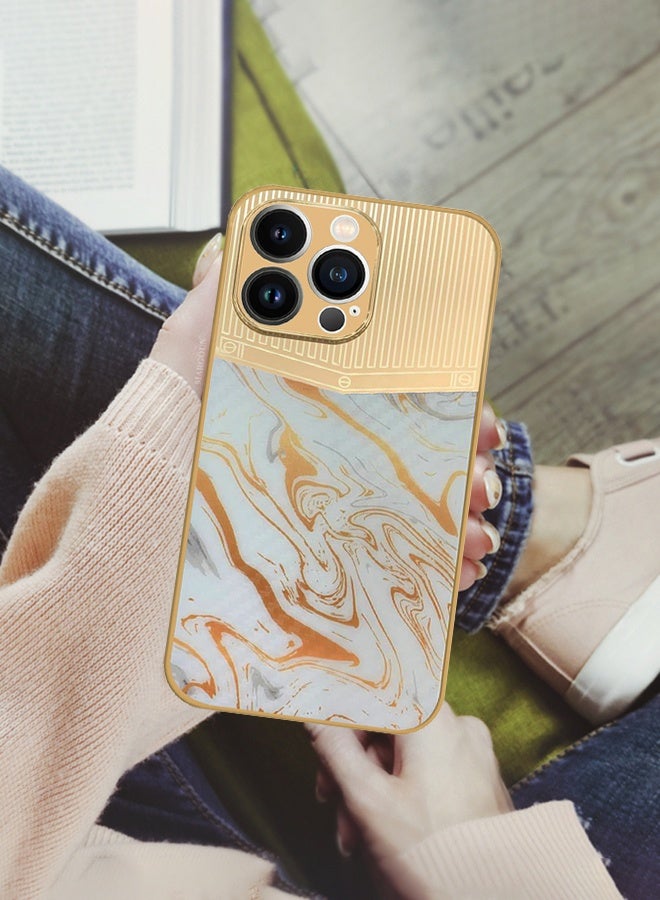 CATANES Luxury Gold Plated Case for iPhone 13 Pro - Hybrid Electroplated Frame Back Cover with Carbon Fiber Texture - Marble Pattern White - Image 2