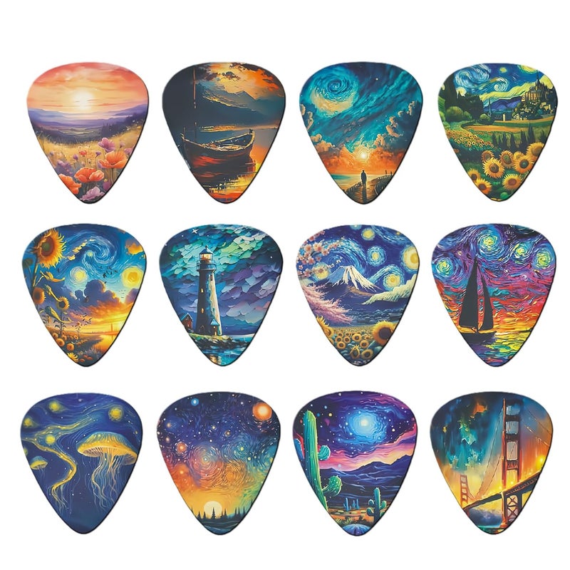 CoolShef 12 Pieces Guitar Picks for Acoustic Plectrum, Creative Patterns, Ideal Accessory Choice Enhancing Tone Precision During Practice or Live Performance Events - 0.71mm - Image 1