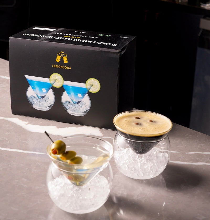 LEMONSODA Stemless Martini Glasses with Chiller - Elegant Cocktail Glass Set with Caviar Server Bowl - Beautiful Bar Martini Gift Set for Margarita, Cosmopolitan, Manhattan Cocktails (Set of 2) - Image 4