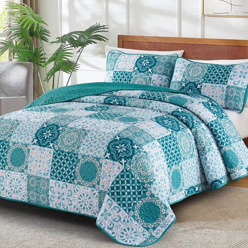 DOBUYLY TEAL STEL SET KING SIZE BOHO PLAID PLAID PTHERSWARDS COVERLETS COVERLET SET 3 قطع ناعمة خفيفة الوزن من الألياف البوهيمية ذات الفراش لجميع المواسم 110 "x90" " - Image 2