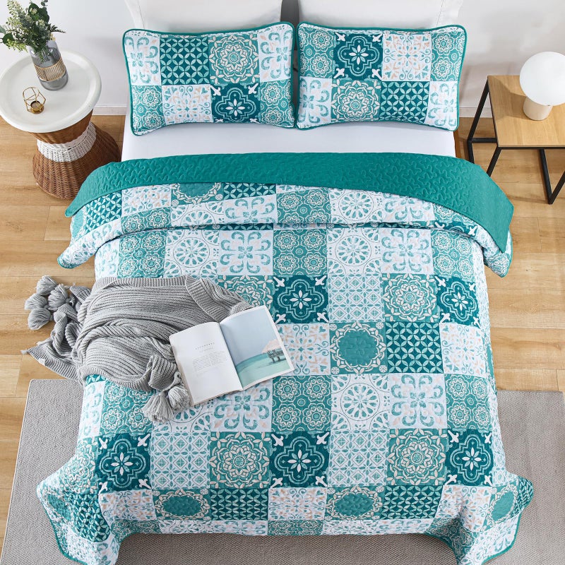DOBUYLY TEAL STEL SET KING SIZE BOHO PLAID PLAID PTHERSWARDS COVERLETS COVERLET SET 3 قطع ناعمة خفيفة الوزن من الألياف البوهيمية ذات الفراش لجميع المواسم 110 "x90" " - Image 3