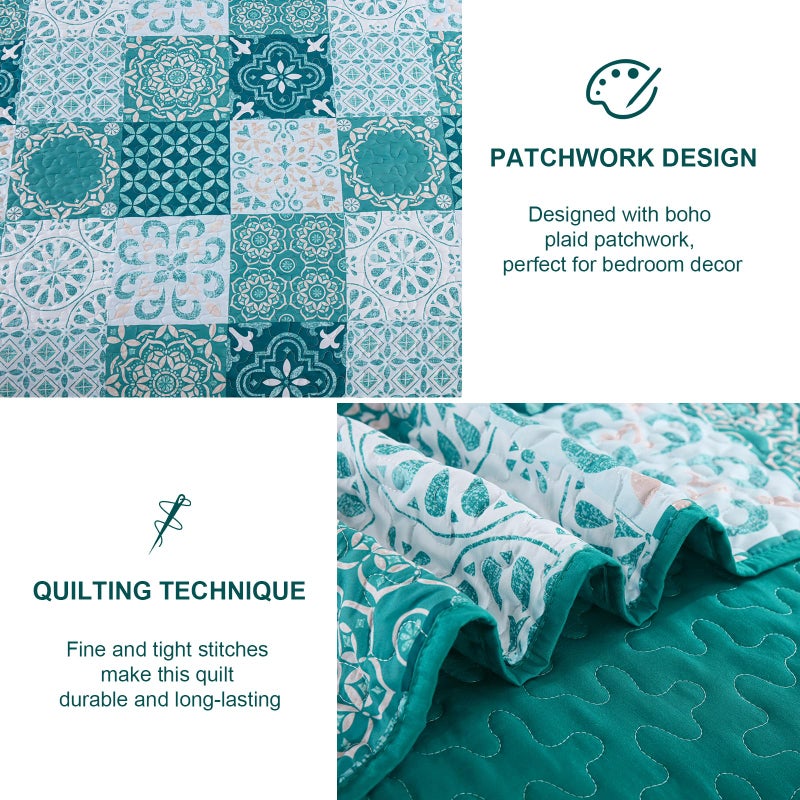 DOBUYLY TEAL STEL SET KING SIZE BOHO PLAID PLAID PTHERSWARDS COVERLETS COVERLET SET 3 قطع ناعمة خفيفة الوزن من الألياف البوهيمية ذات الفراش لجميع المواسم 110 "x90" " - Image 5