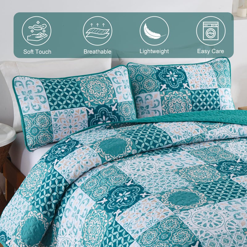 DOBUYLY TEAL STEL SET KING SIZE BOHO PLAID PLAID PTHERSWARDS COVERLETS COVERLET SET 3 قطع ناعمة خفيفة الوزن من الألياف البوهيمية ذات الفراش لجميع المواسم 110 "x90" " - Image 4