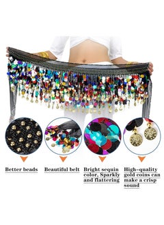 Peachjoy Women Belly Dance Hip Scarf, Dancing Costumes 88 Colorful Gold Coins Hip Belt Skirt, Chiffon Dangling Belly Dance Waist Costume Belt for Women Girls, Black  - Image 2