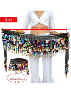 Peachjoy Women Belly Dance Hip Scarf, Dancing Costumes 88 Colorful Gold Coins Hip Belt Skirt, Chiffon Dangling Belly Dance Waist Costume Belt for Women Girls, Black  - Image 4