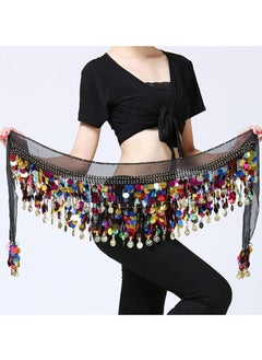 Peachjoy Women Belly Dance Hip Scarf, Dancing Costumes 88 Colorful Gold Coins Hip Belt Skirt, Chiffon Dangling Belly Dance Waist Costume Belt for Women Girls, Black  - Image 5