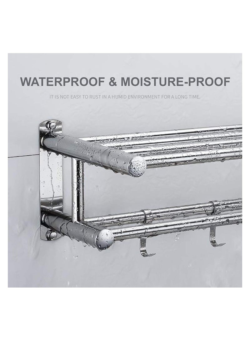 عربست رف مناشف الحمام ، أرفف حمام مزدوجة الطبقات مع 4 خطافات قابلة للإزالة حامل منشفة مثبت على الحائط 23 بوصة شريط منشفة مقاومة للصدأ رف منشفة الفولاذ المقاوم للصدأ - Image 2