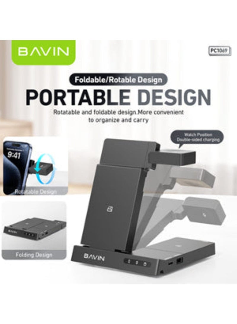 Bavin 6 in 1 Wireless Charging Station for Smart Watch and Mobile Phone, Foldable and Portable, 15W Power and Built-in Type-C Cable - Image 3