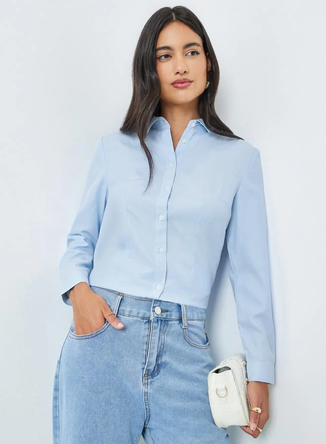 Styli  Blue Textured Long Sleeve Fitted Shirt for Women | Best Price UAE