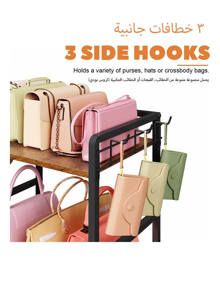 سولاكان منظّم تخزين الحقائب للنساء، حامل ورف تخزين للحقائب بثلاث طبقات، مزوّد بـ 12 خطافًا ثابتًا و3 خطافات جانبية، يساعد على إبقاء الحقائب مرئية، مناسب لعرض الحقائب وتنظيمها داخل الخزانة لمختلف أنواع الحقائب. - Image 4