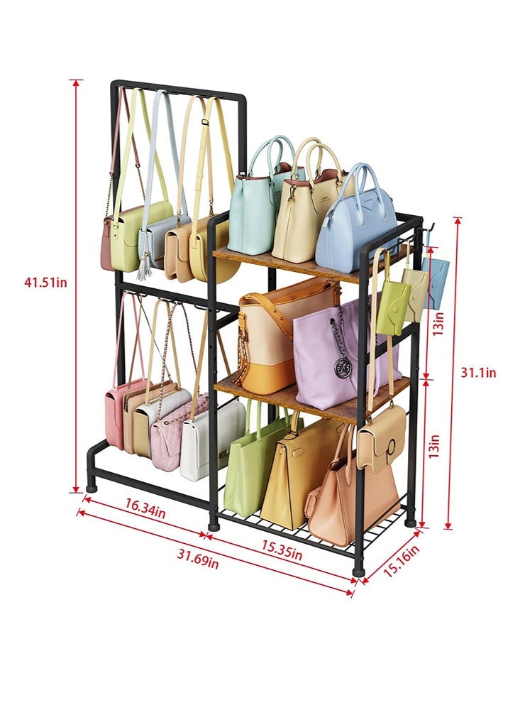 سولاكان منظّم تخزين الحقائب للنساء، حامل ورف تخزين للحقائب بثلاث طبقات، مزوّد بـ 12 خطافًا ثابتًا و3 خطافات جانبية، يساعد على إبقاء الحقائب مرئية، مناسب لعرض الحقائب وتنظيمها داخل الخزانة لمختلف أنواع الحقائب. - Image 5