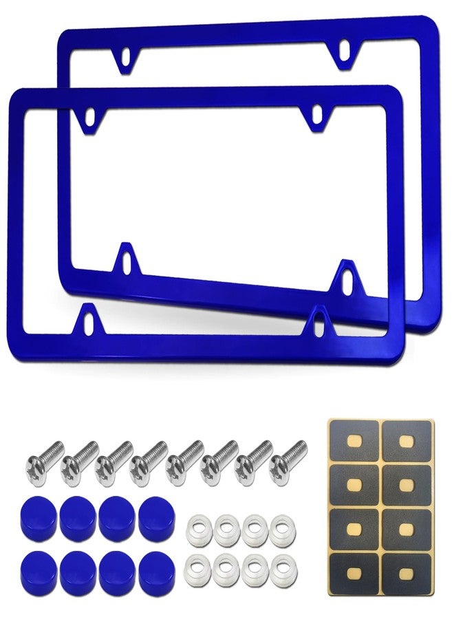 YoUoY Blue License Plate Frames- Aluminum Front & Rear Car Tag Covers for Men Women, 2 Pack 4 Hole Thin Slim Holders with Mounting Hardware Kit- Stainless Steel Screws, Rattle Proof Pads, Tire Valve Caps - Image 1