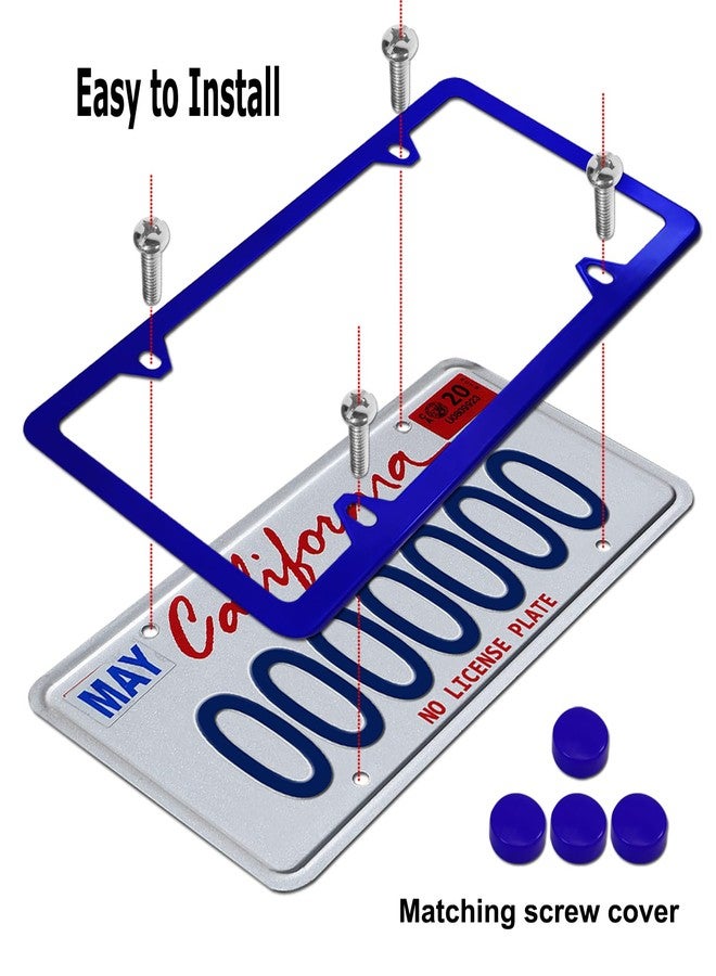YoUoY Blue License Plate Frames- Aluminum Front & Rear Car Tag Covers for Men Women, 2 Pack 4 Hole Thin Slim Holders with Mounting Hardware Kit- Stainless Steel Screws, Rattle Proof Pads, Tire Valve Caps - Image 5