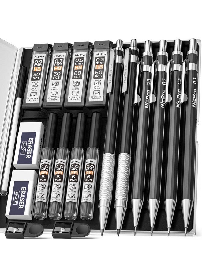 Nicpro مجموعة أقلام رصاص ميكانيكية فنية مكونة من 6 قطع، قلم رصاص معدني أسود للرسم 0.3 و0.5 و0.7 و0.9 مم و2 قطعة حامل رصاص جرافيت 2 مم (4B و2B وHb و2H) للكتابة والرسم التخطيطي مع 8 عبوات رصاص وحافظة ممحاة - Image 1